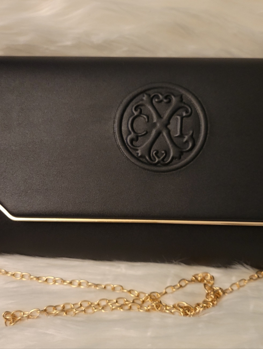Christian Lacroix Black Embossed Logo Clutch with Gold Chain